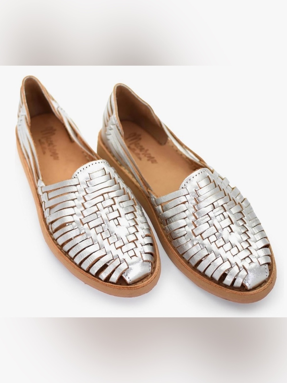 Macarena Woven Metallic Silver Leather Huarache Flats Casual Slip-Ons SZ 6.5-7
